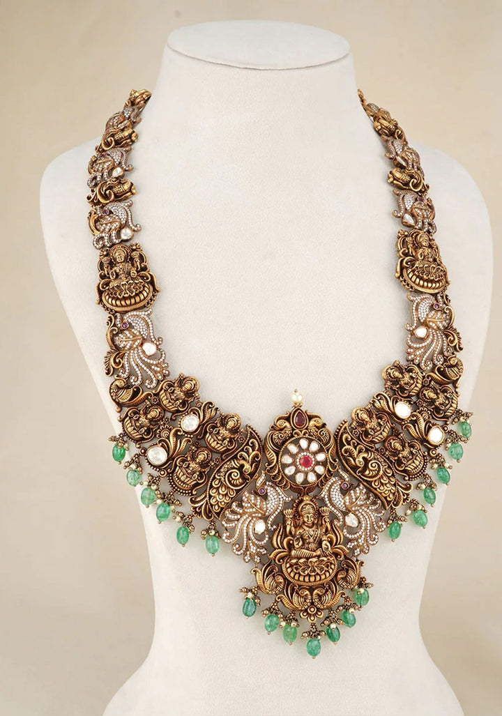 92.5  Silver Lakshmi Long Necklace and Earrings Antique Finish Set with Stone detailing and Dangling ( Short Necklace not included)