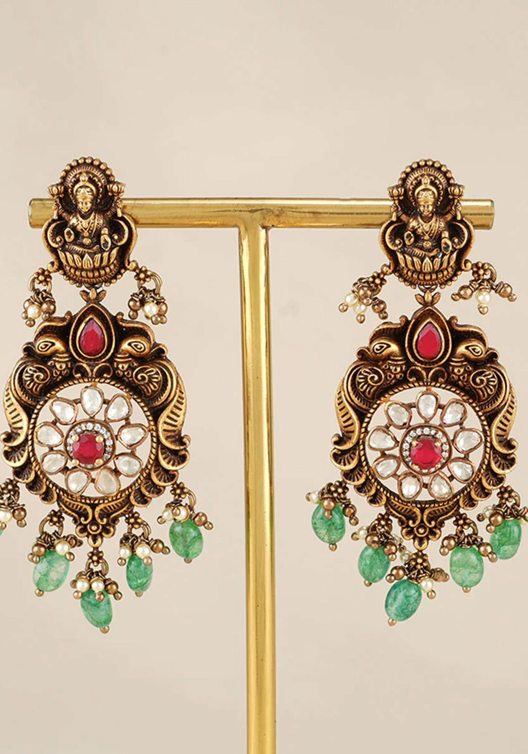 92.5  Silver Lakshmi Long Necklace and Earrings Antique Finish Set with Stone detailing and Dangling ( Short Necklace not included)