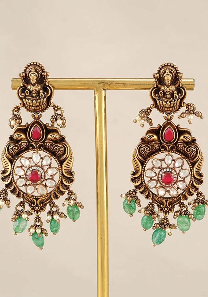 92.5  Silver Lakshmi Long Necklace and Earrings Antique Finish Set with Stone detailing and Dangling ( Short Necklace not included)