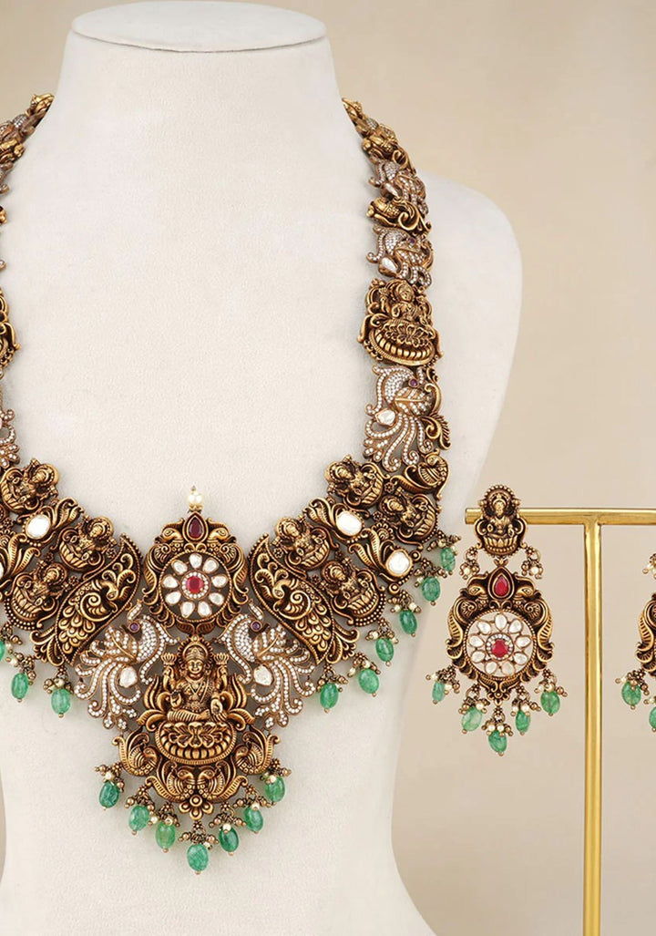 92.5  Silver Lakshmi Long Necklace and Earrings Antique Finish Set with Stone detailing and Dangling ( Short Necklace not included)