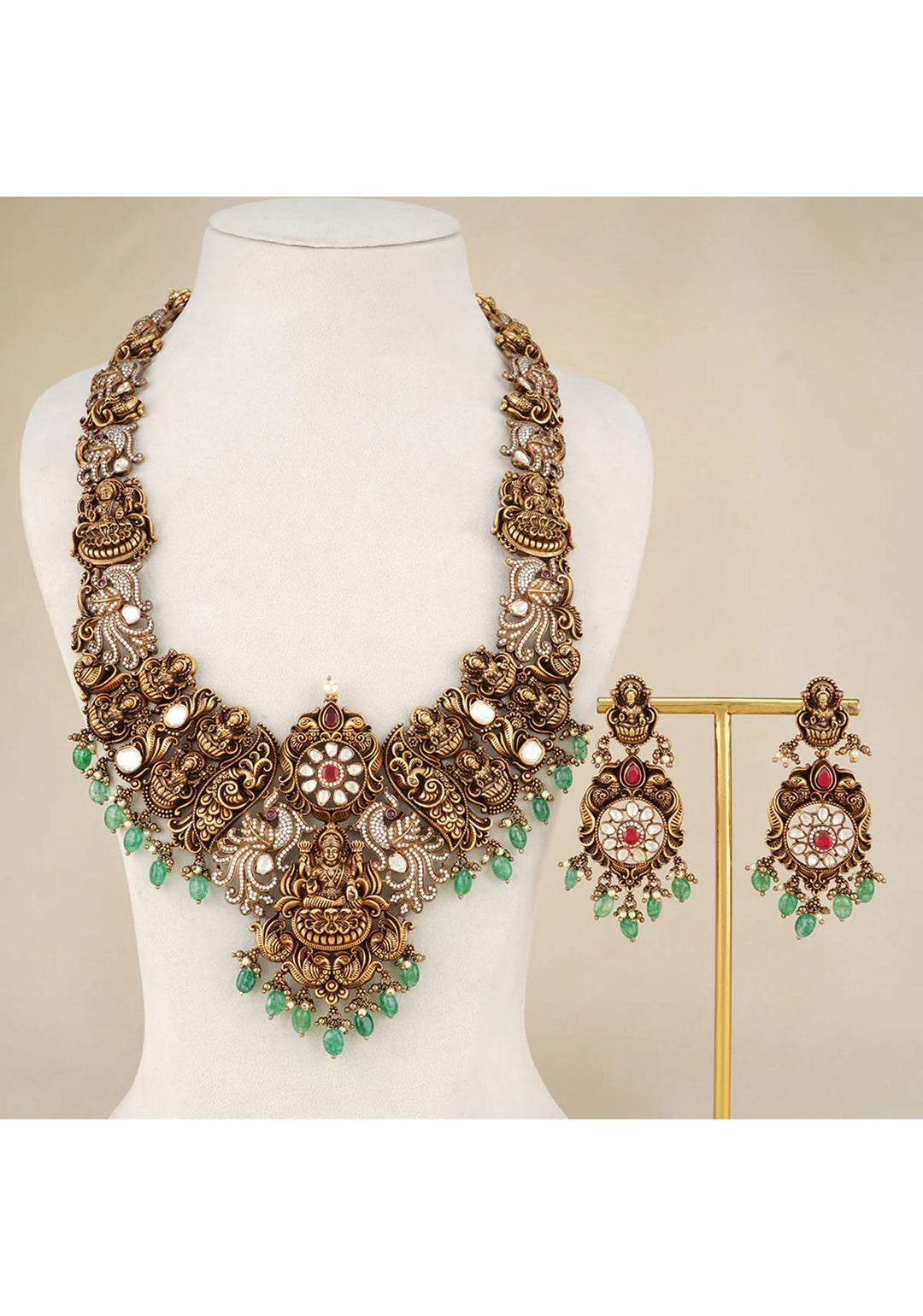 92.5  Silver Lakshmi Long Necklace and Earrings Antique Finish Set with Stone detailing and Dangling ( Short Necklace not included)