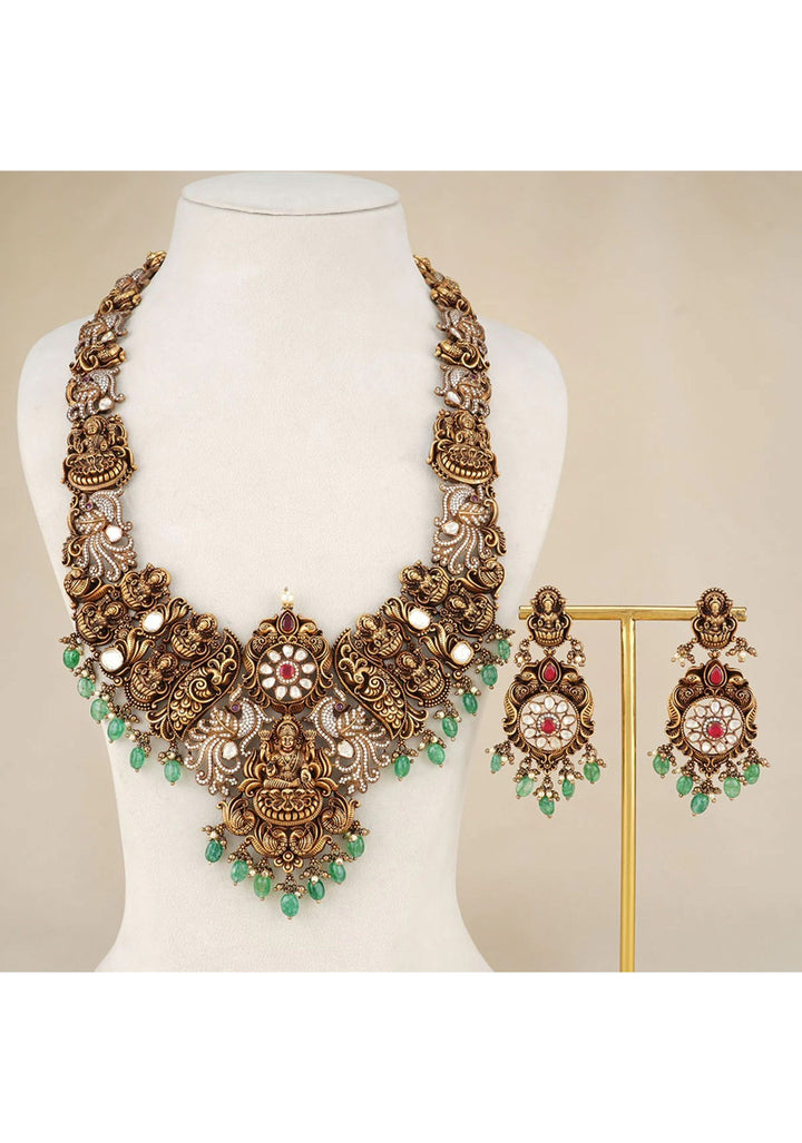 92.5  Silver Lakshmi Long Necklace and Earrings Antique Finish Set with Stone detailing and Dangling ( Short Necklace not included)