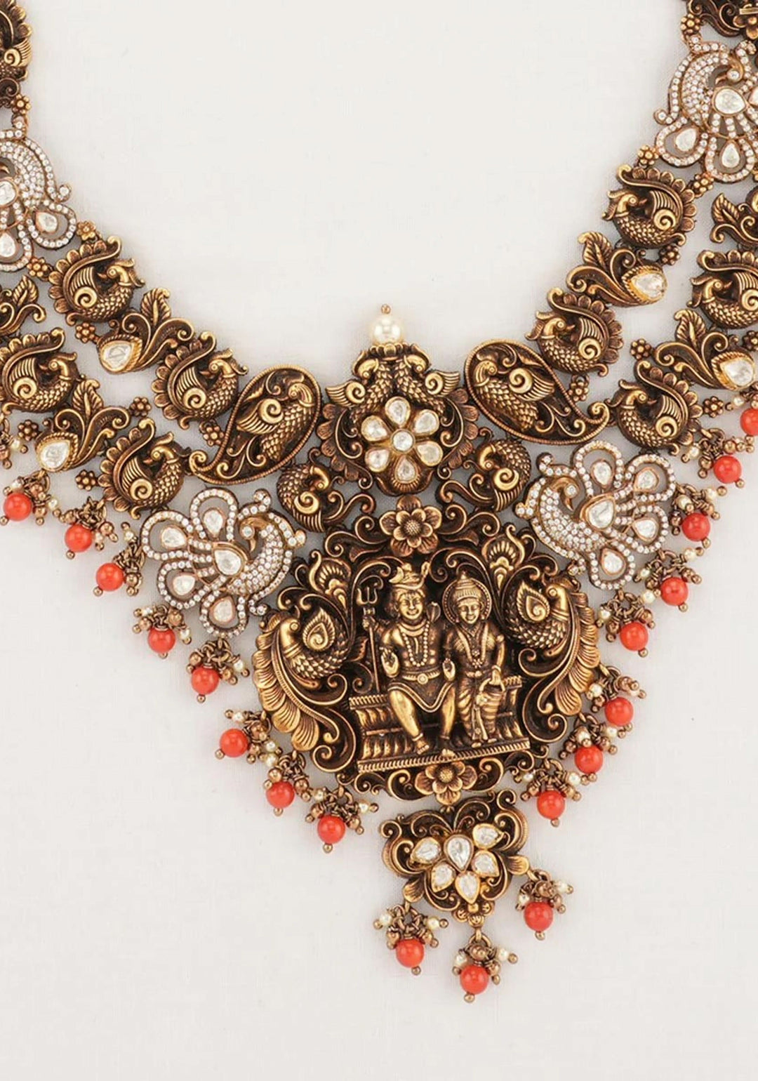 Divine Union - 92.5  Silver Shiva Parvathi Antique Finish Victorian Necklace Set with Fusion White CZ stones and Nagas work
