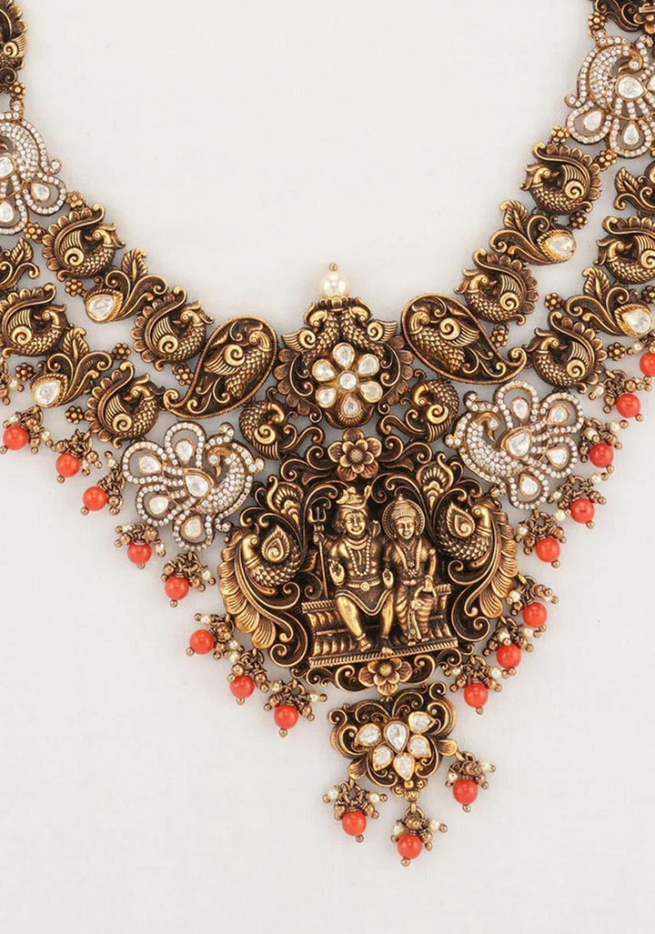 Divine Union - 92.5  Silver Shiva Parvathi Antique Finish Victorian Necklace Set with Fusion White CZ stones and Nagas work