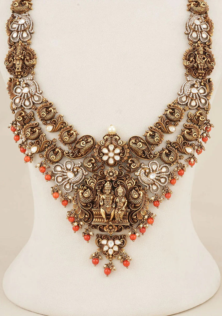 Divine Union - 92.5  Silver Shiva Parvathi Antique Finish Victorian Necklace Set with Fusion White CZ stones and Nagas work