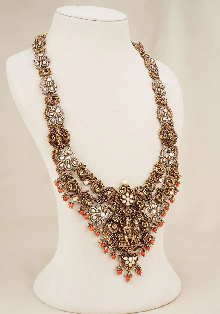 Divine Union - 92.5  Silver Shiva Parvathi Antique Finish Victorian Necklace Set with Fusion White CZ stones and Nagas work