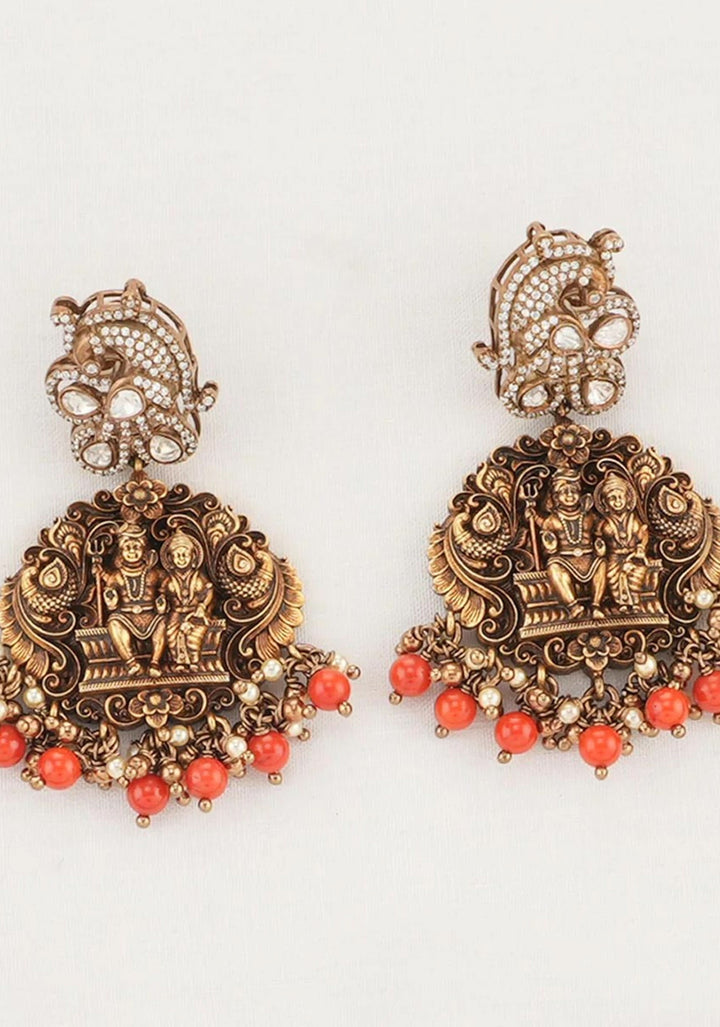 Divine Union - 92.5  Silver Shiva Parvathi Antique Finish Victorian Necklace Set with Fusion White CZ stones and Nagas work