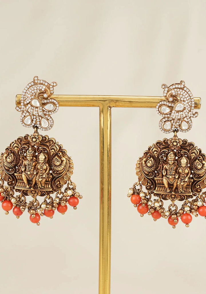 Divine Union - 92.5  Silver Shiva Parvathi Antique Finish Victorian Necklace Set with Fusion White CZ stones and Nagas work