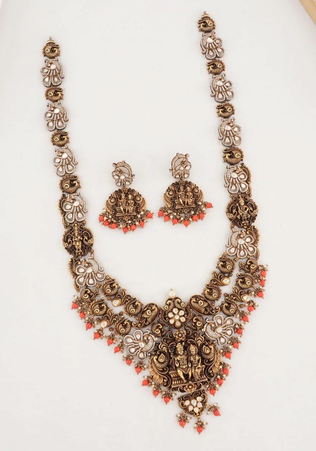 Divine Union - 92.5  Silver Shiva Parvathi Antique Finish Victorian Necklace Set with Fusion White CZ stones and Nagas work