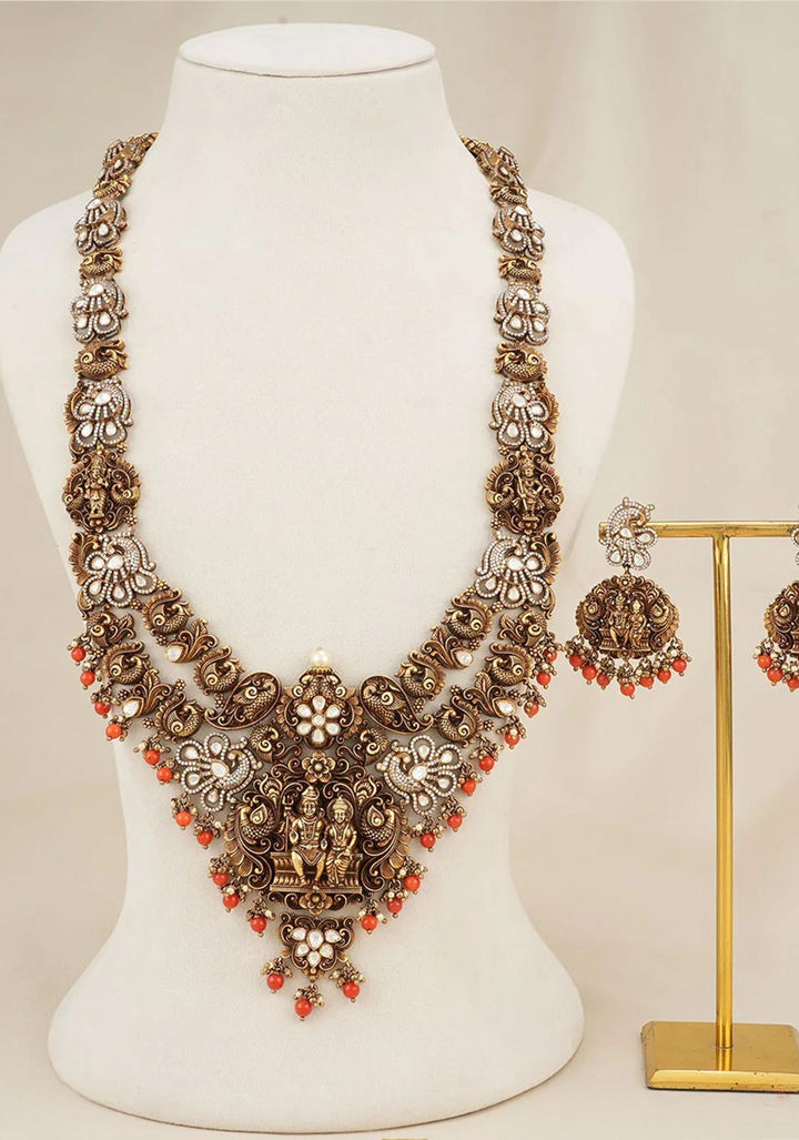 Divine Union - 92.5  Silver Shiva Parvathi Antique Finish Victorian Necklace Set with Fusion White CZ stones and Nagas work