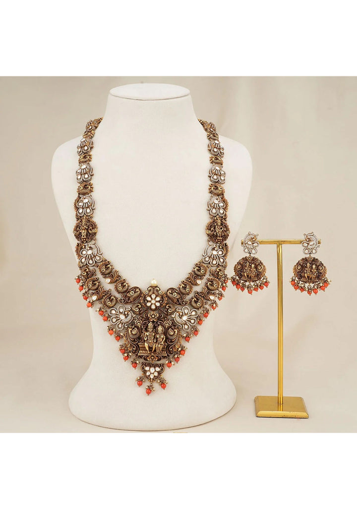 Divine Union - 92.5  Silver Shiva Parvathi Antique Finish Victorian Necklace Set with Fusion White CZ stones and Nagas work