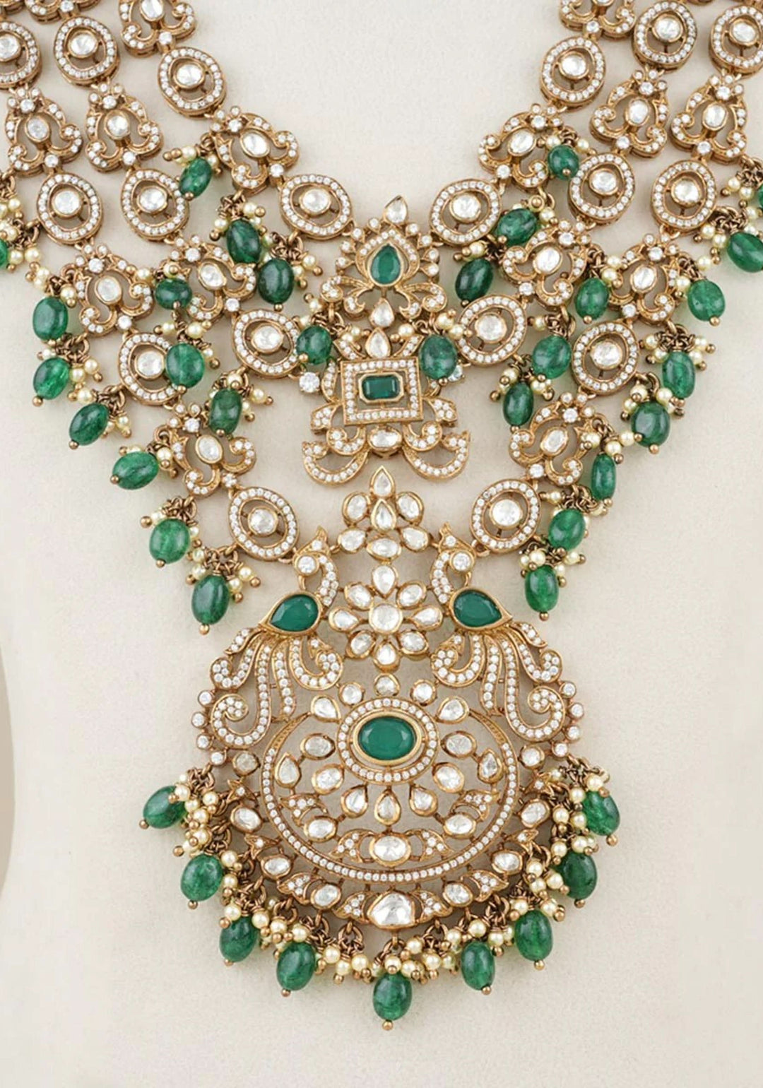Victorian Splendor 92.5  Silver White and Green Stone Studded Necklace Set with Dangling beads