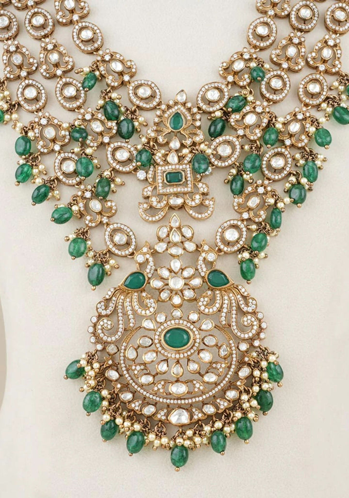 Victorian Splendor 92.5  Silver White and Green Stone Studded Necklace Set with Dangling beads