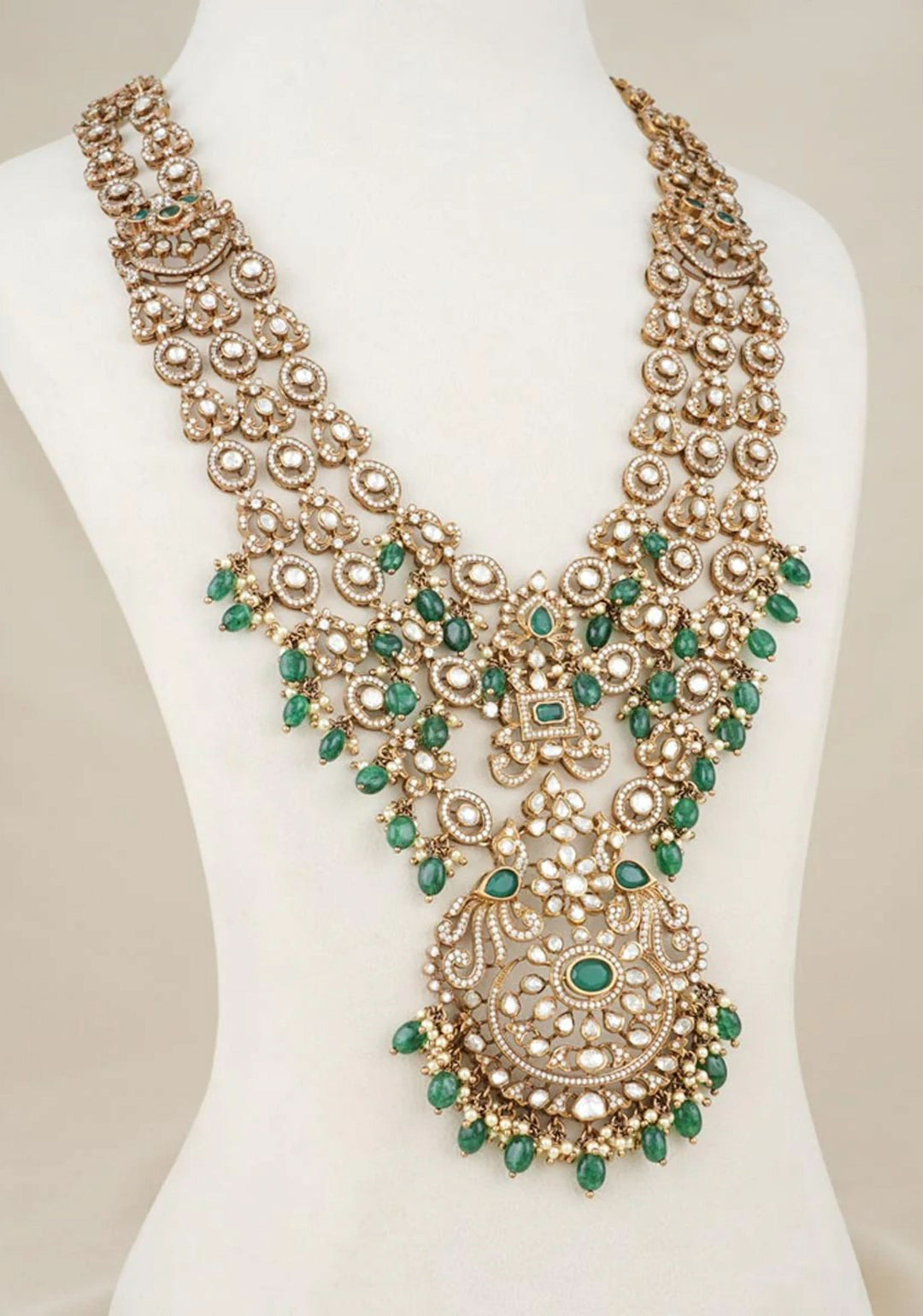 Victorian Splendor 92.5  Silver White and Green Stone Studded Necklace Set with Dangling beads