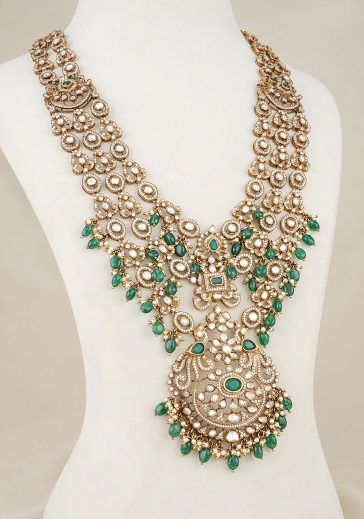 Victorian Splendor 92.5  Silver White and Green Stone Studded Necklace Set with Dangling beads