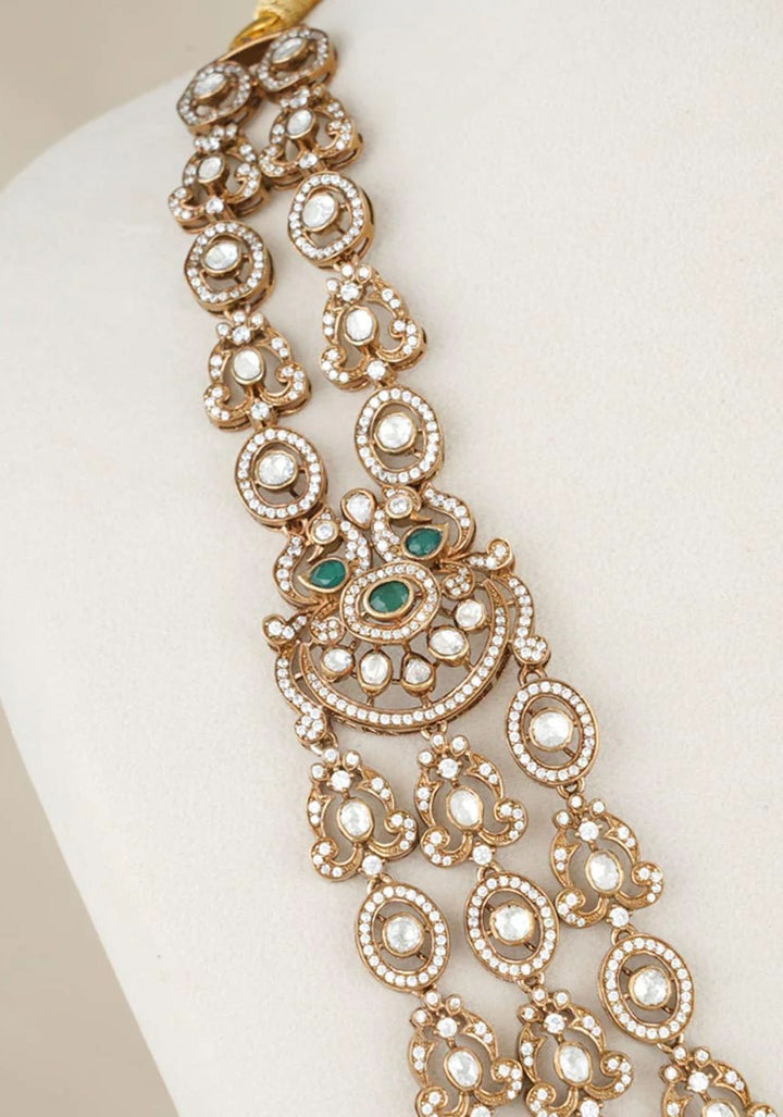 Victorian Splendor 92.5  Silver White and Green Stone Studded Necklace Set with Dangling beads