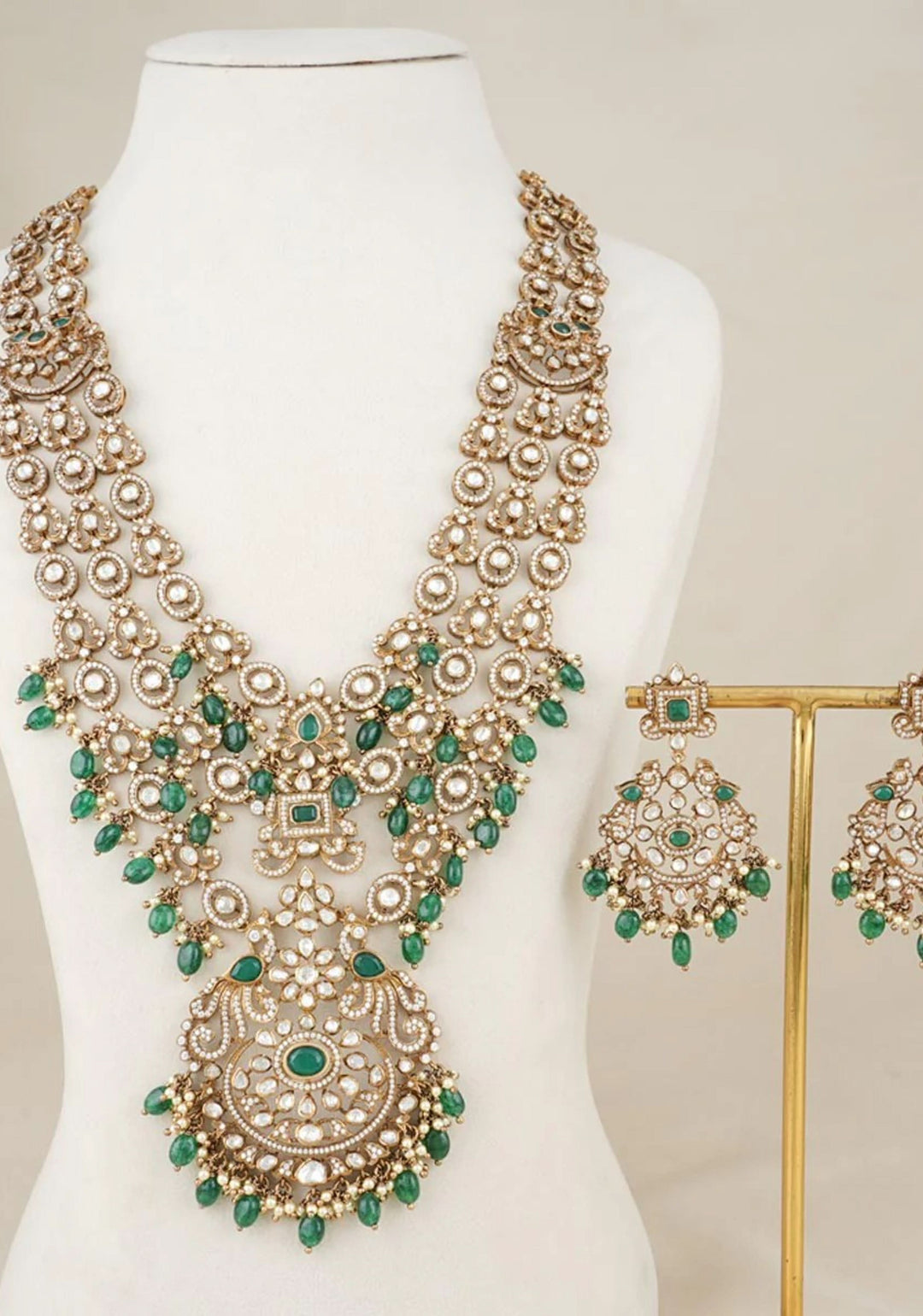 Victorian Splendor 92.5  Silver White and Green Stone Studded Necklace Set with Dangling beads