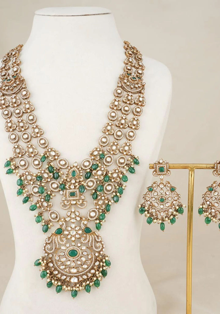 Victorian Splendor 92.5  Silver White and Green Stone Studded Necklace Set with Dangling beads