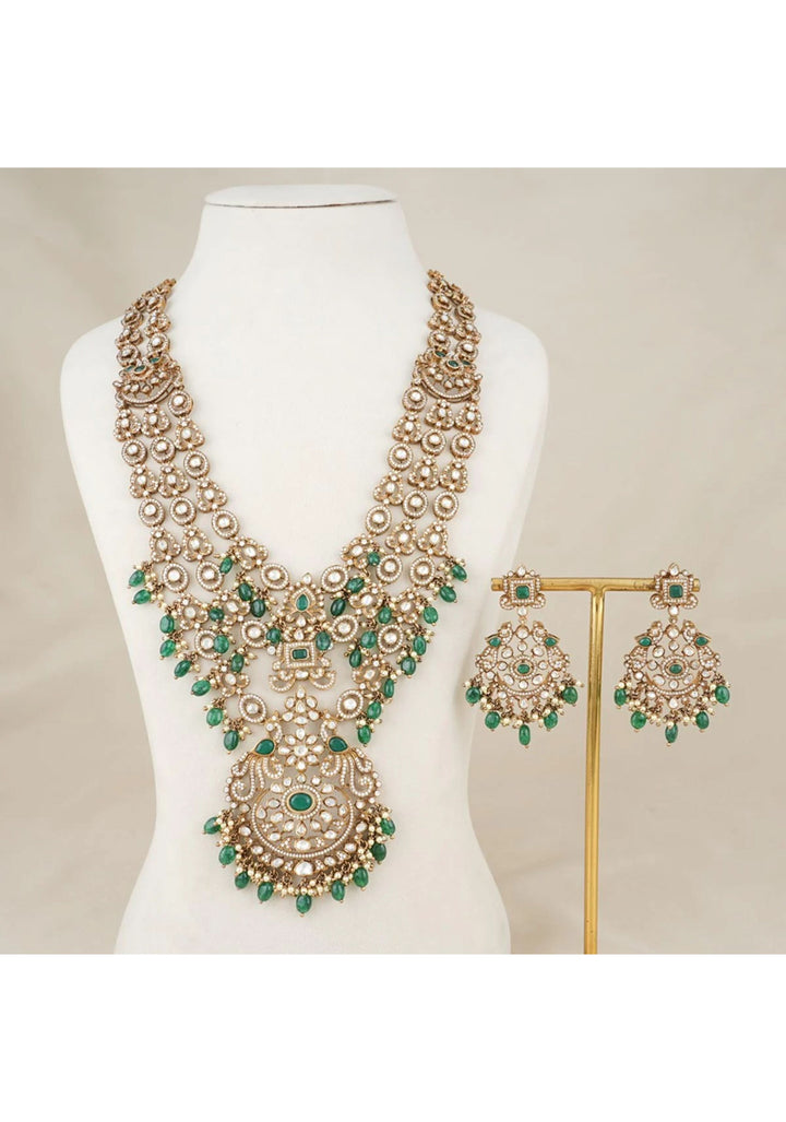 Victorian Splendor 92.5  Silver White and Green Stone Studded Necklace Set with Dangling beads