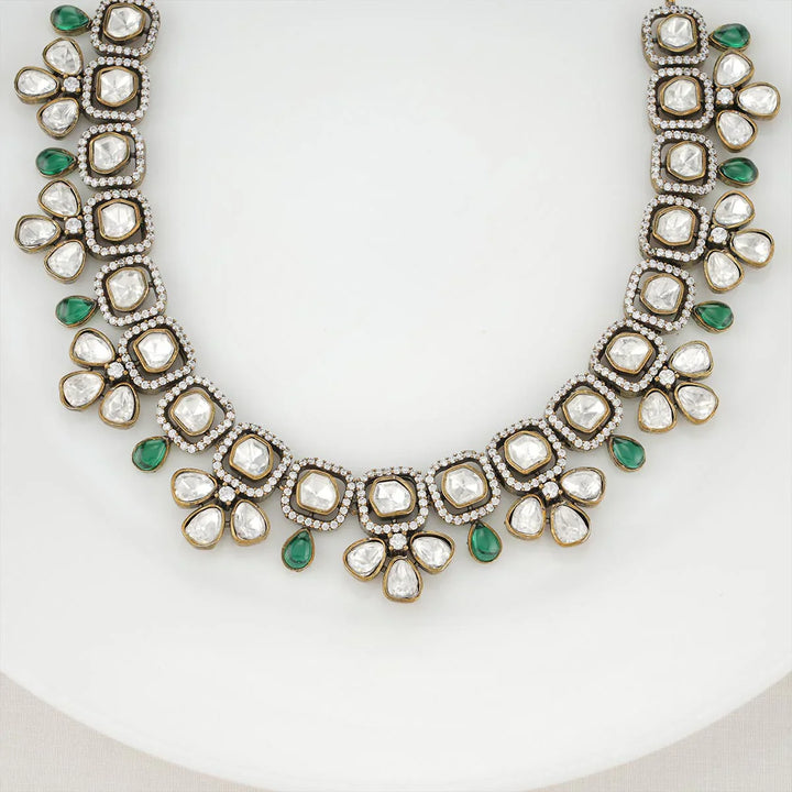 92.5 Silver, Victorian Necklace set studded with Gem Stones and Pearl Beads.