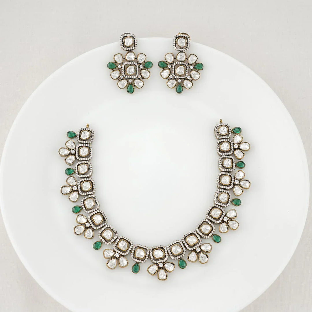 92.5 Silver, Victorian Necklace set studded with Gem Stones and Pearl Beads.