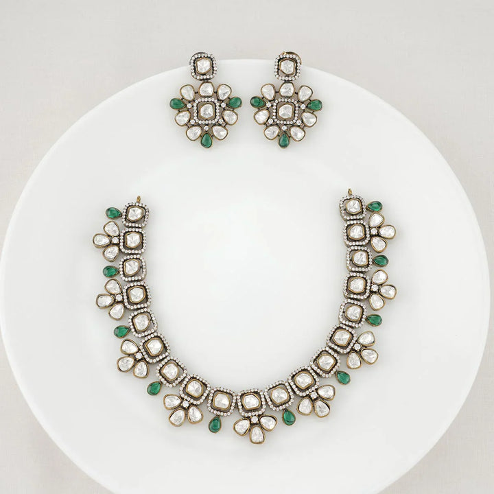 92.5 Silver, Victorian Necklace set studded with Gem Stones and Pearl Beads.