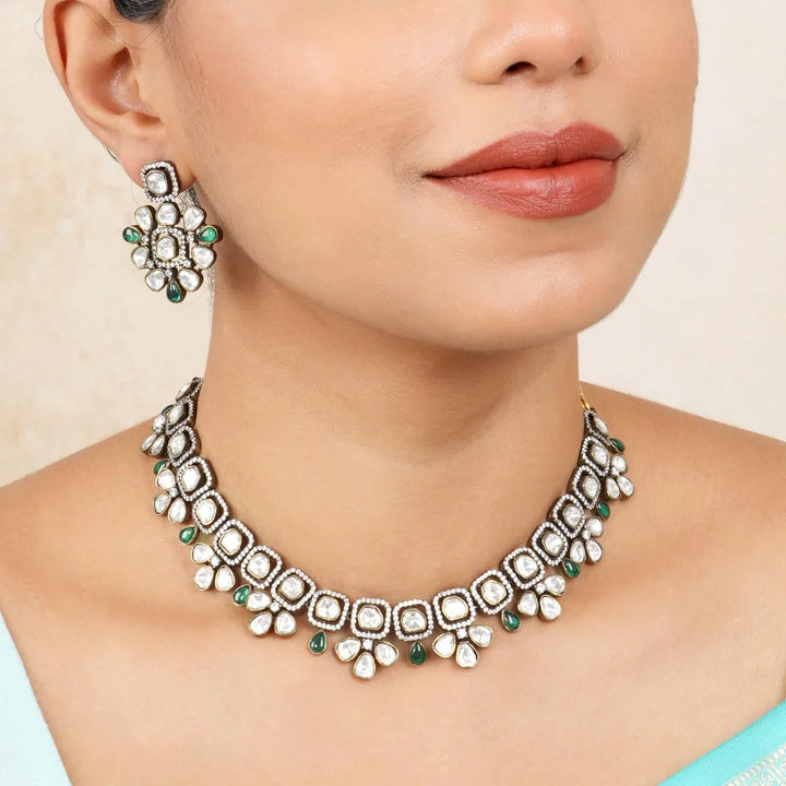 92.5 Silver, Victorian Necklace set studded with Gem Stones and Pearl Beads.