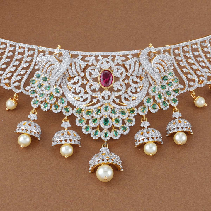 Pure 92.5 Silver Savya Diamond Design Choker Set | SHOBITAM