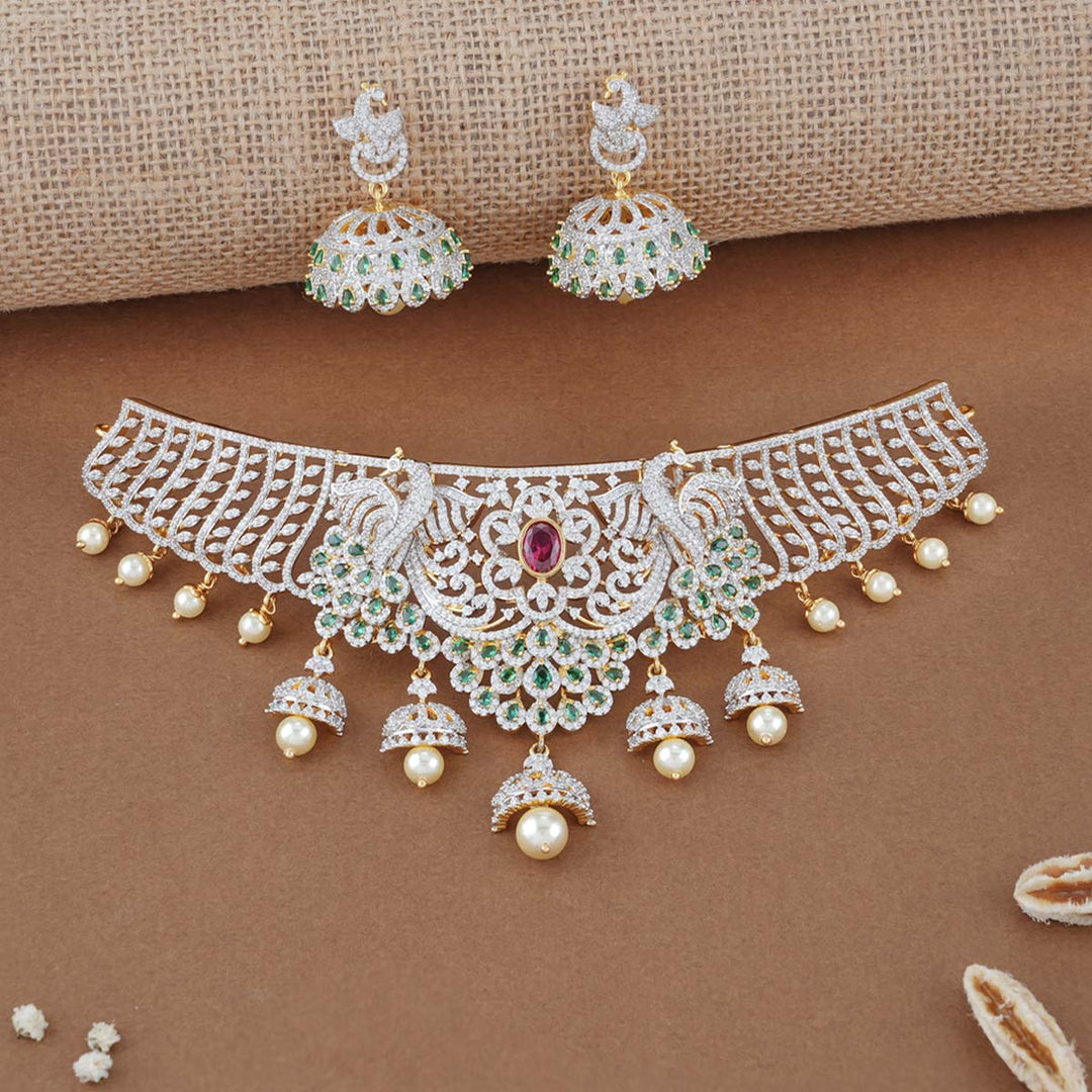 Pure 92.5 Silver Savya Diamond Design Choker Set | SHOBITAM