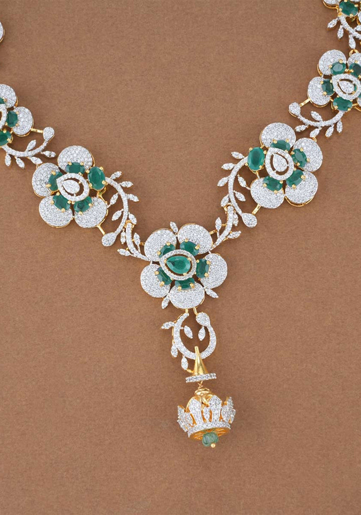 92.5  Silver  CZ and Green Stone Floral Design Necklace and earrings Set