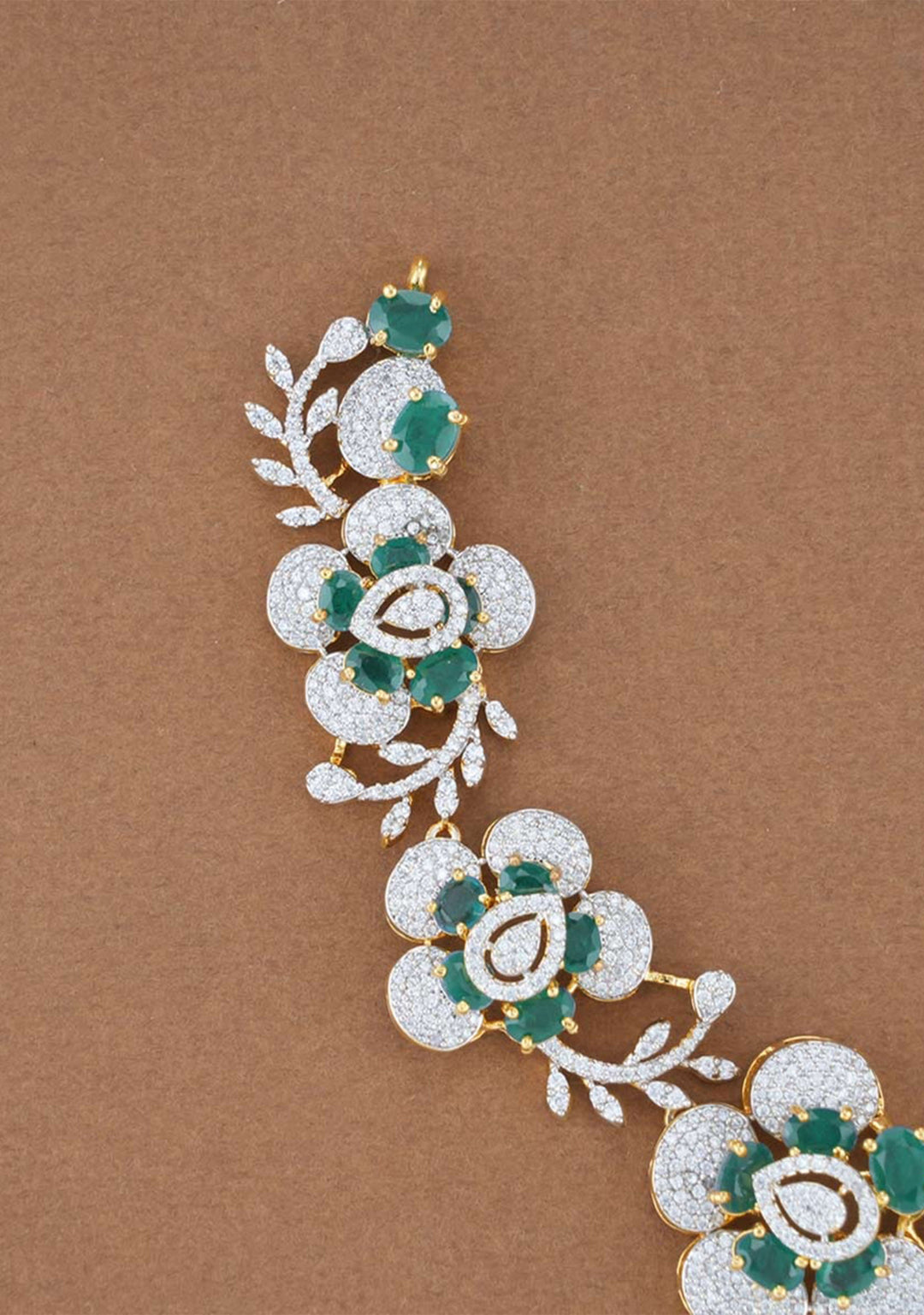 92.5  Silver  CZ and Green Stone Floral Design Necklace and earrings Set