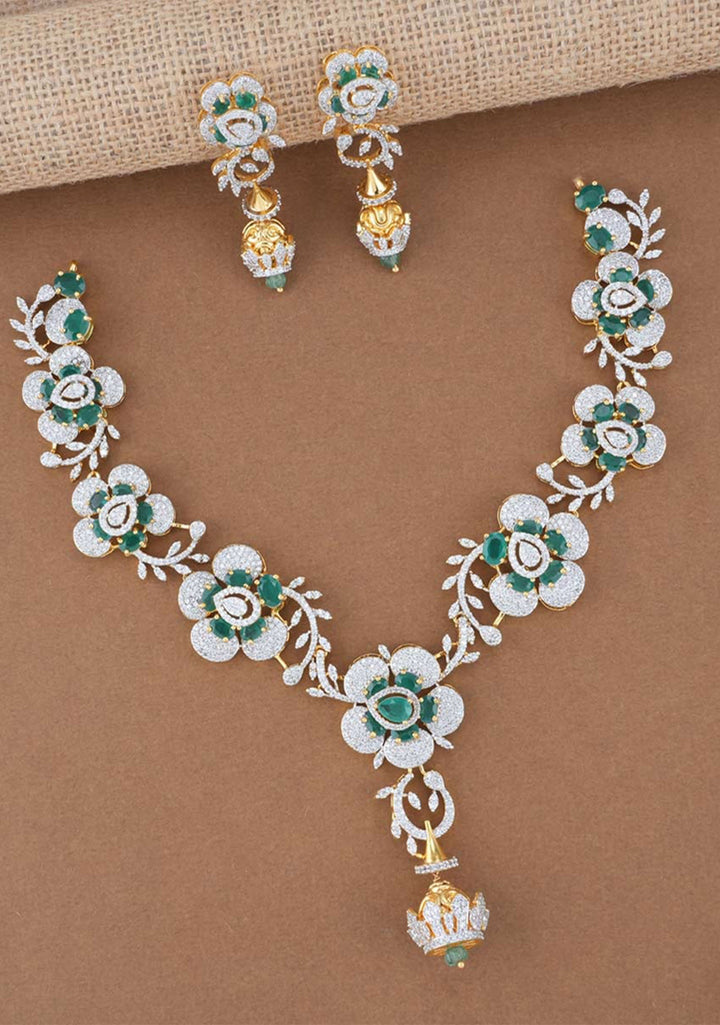 92.5  Silver  CZ and Green Stone Floral Design Necklace and earrings Set