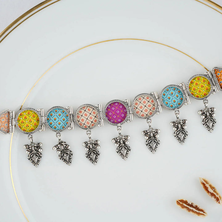 92.5 Silver Oxidized finish Pichwai Miniature handpainting fine Choker Set