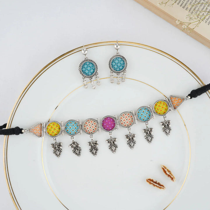 92.5 Silver Oxidized finish Pichwai Miniature handpainting fine Choker Set