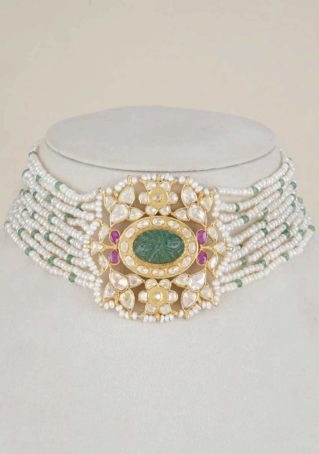 92.5 Silver 24 Kt Gold Plated Carved Green Stone 10 strand necklace set