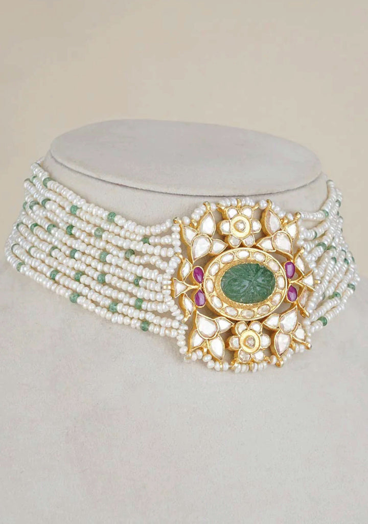 92.5 Silver 24 Kt Gold Plated Carved Green Stone 10 strand necklace set