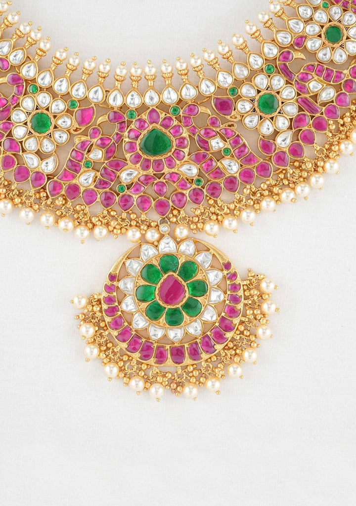 925 Silver 24 Kt Gold Plated Jadau Necklace with Pink, Green and White Stones