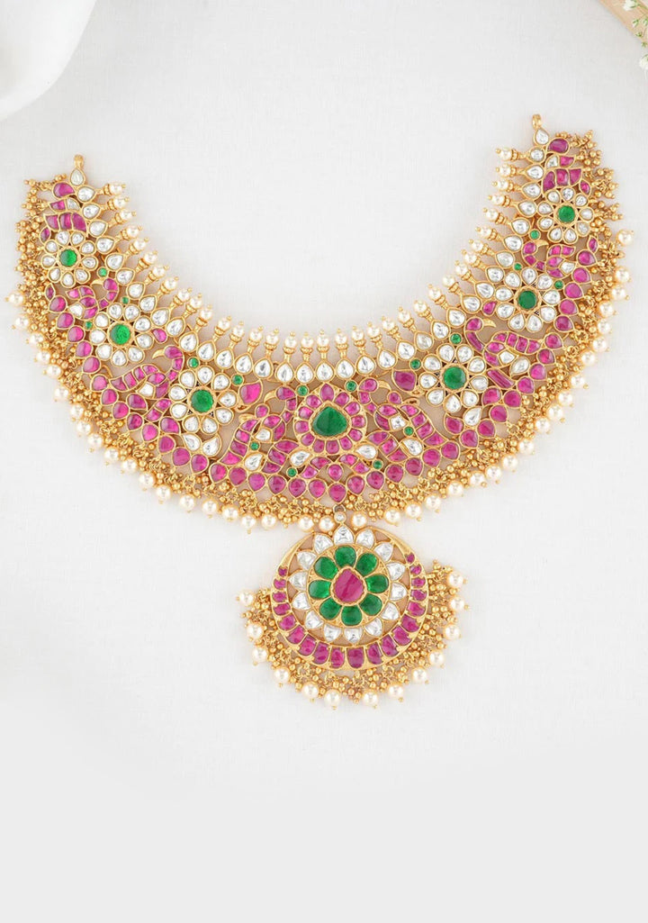 925 Silver 24 Kt Gold Plated Jadau Necklace with Pink, Green and White Stones