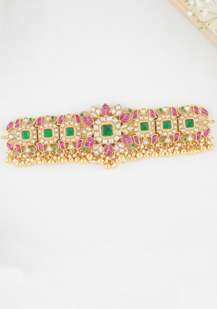 92.5 Silver Floral  kundan floral stone choker with dangling Golden Beads