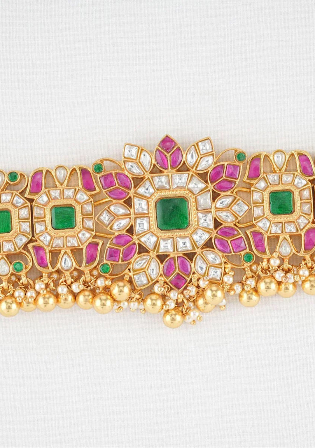 92.5 Silver Floral  kundan floral stone choker with dangling Golden Beads