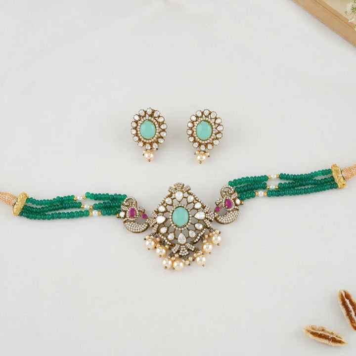 92.5 Silver, Victorian Necklace set studded with Gem Stones and Pearl Beads.
