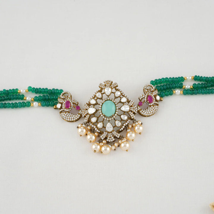 92.5 Silver, Victorian Necklace set studded with Gem Stones and Pearl Beads.