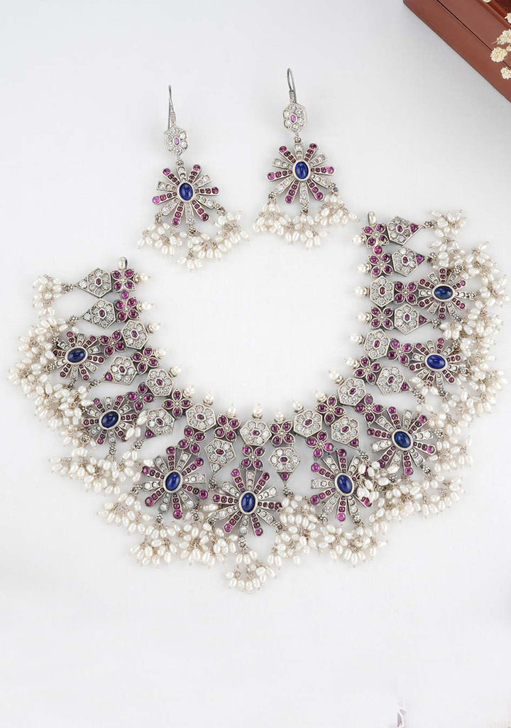92.5 Silver oxidized finish red stone studded Necklace Set