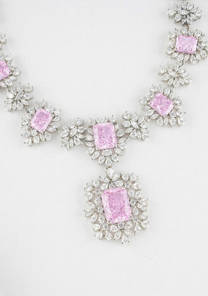92.5  Silver CZ and Stunning Swarowski Pink Necklace Set