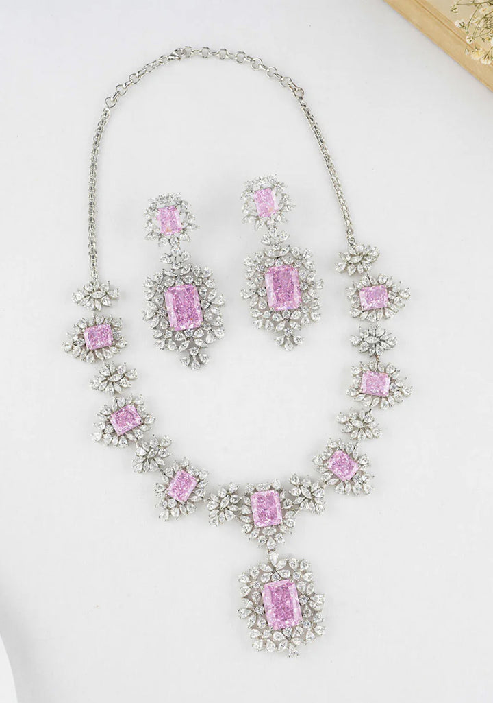 92.5  Silver CZ and Stunning Swarowski Pink Necklace Set