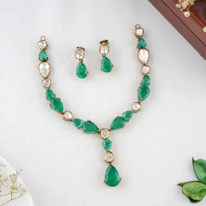 Green and White Drop shade Stone Victorian Finish  necklace and earrings set