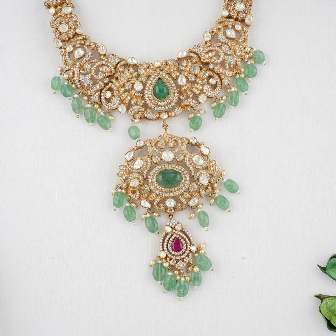 92.5 Silver CZ Imposing Victorian Necklace Set with Green Dangling Beads