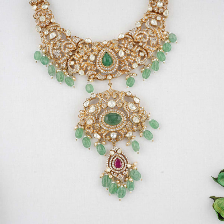 92.5 Silver CZ Imposing Victorian Necklace Set with Green Dangling Beads