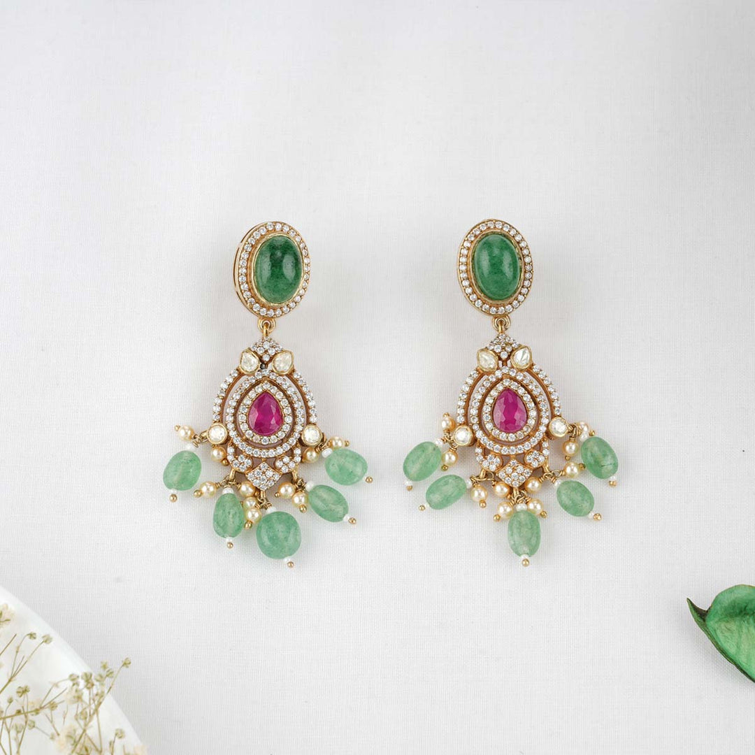 92.5 Silver CZ Imposing Victorian Necklace Set with Green Dangling Beads