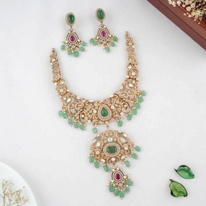 92.5 Silver CZ Imposing Victorian Necklace Set with Green Dangling Beads